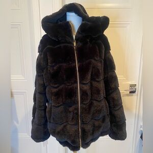 Via Spiga Luxe Faux Fur Black Coat with Hood Reversible Medium Gold Zipper NWOT